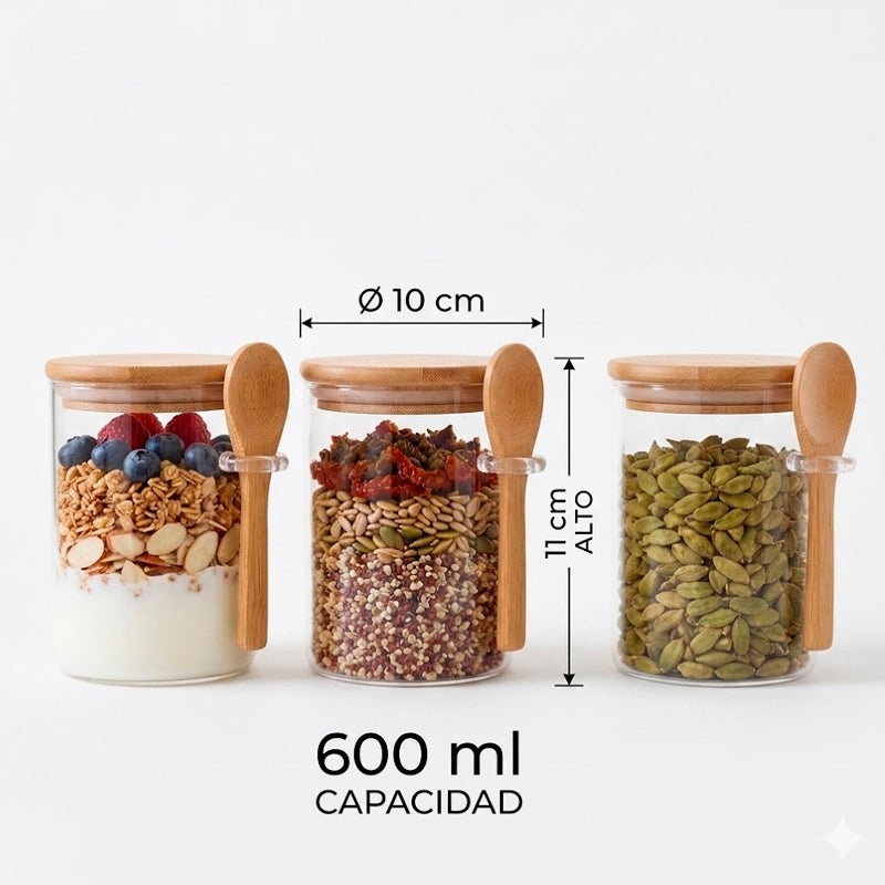 Frasco con Cuchara de Bambú 600ml