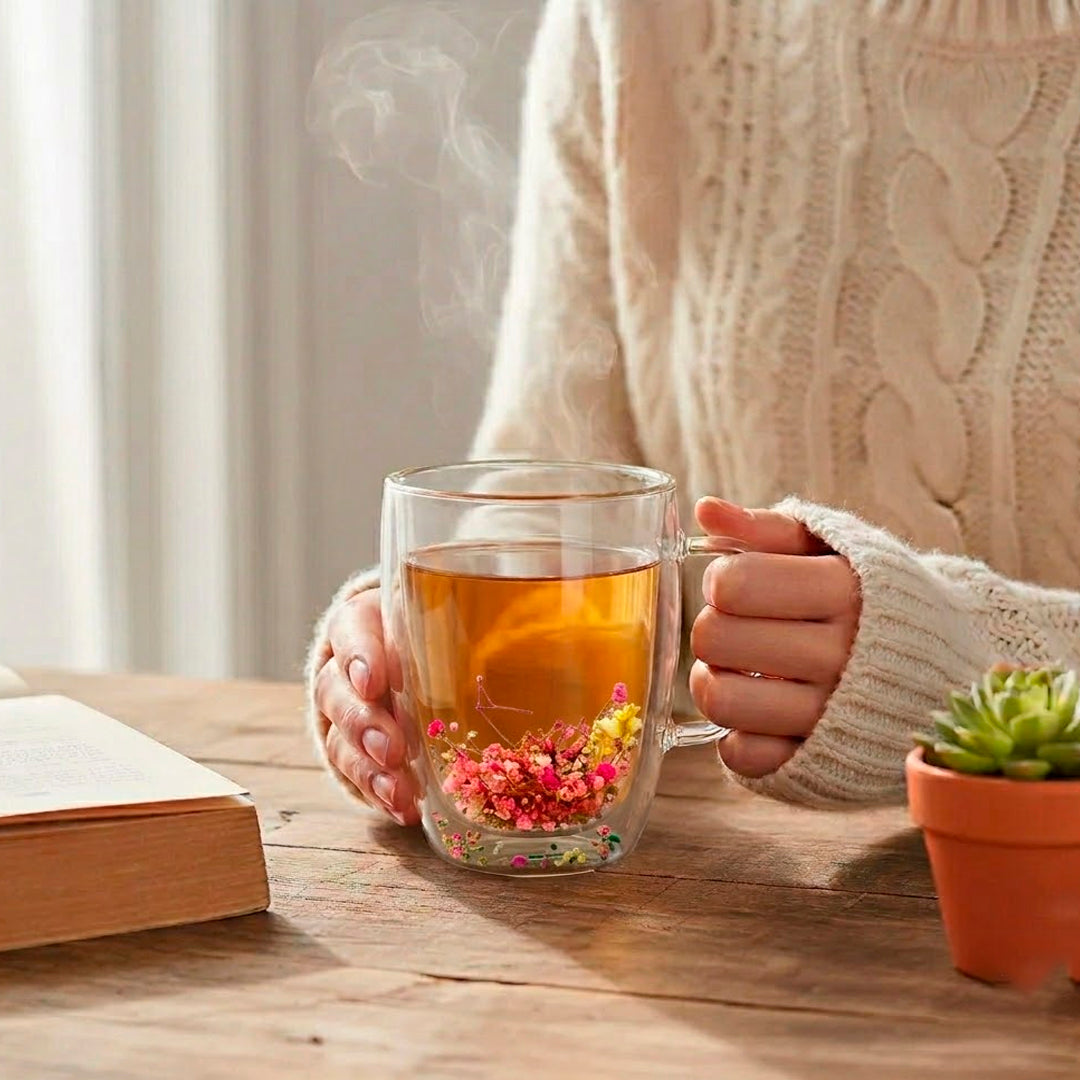 Taza de Vidrio Doble Pared con Flores