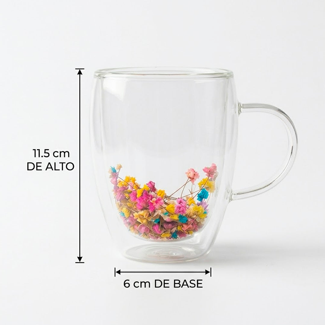 Taza de Vidrio Doble Pared con Flores