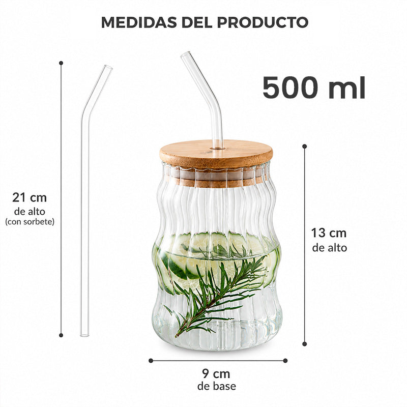 Vaso de Vidrio Borosilicato con tapa de bambú y sorbete 500ml