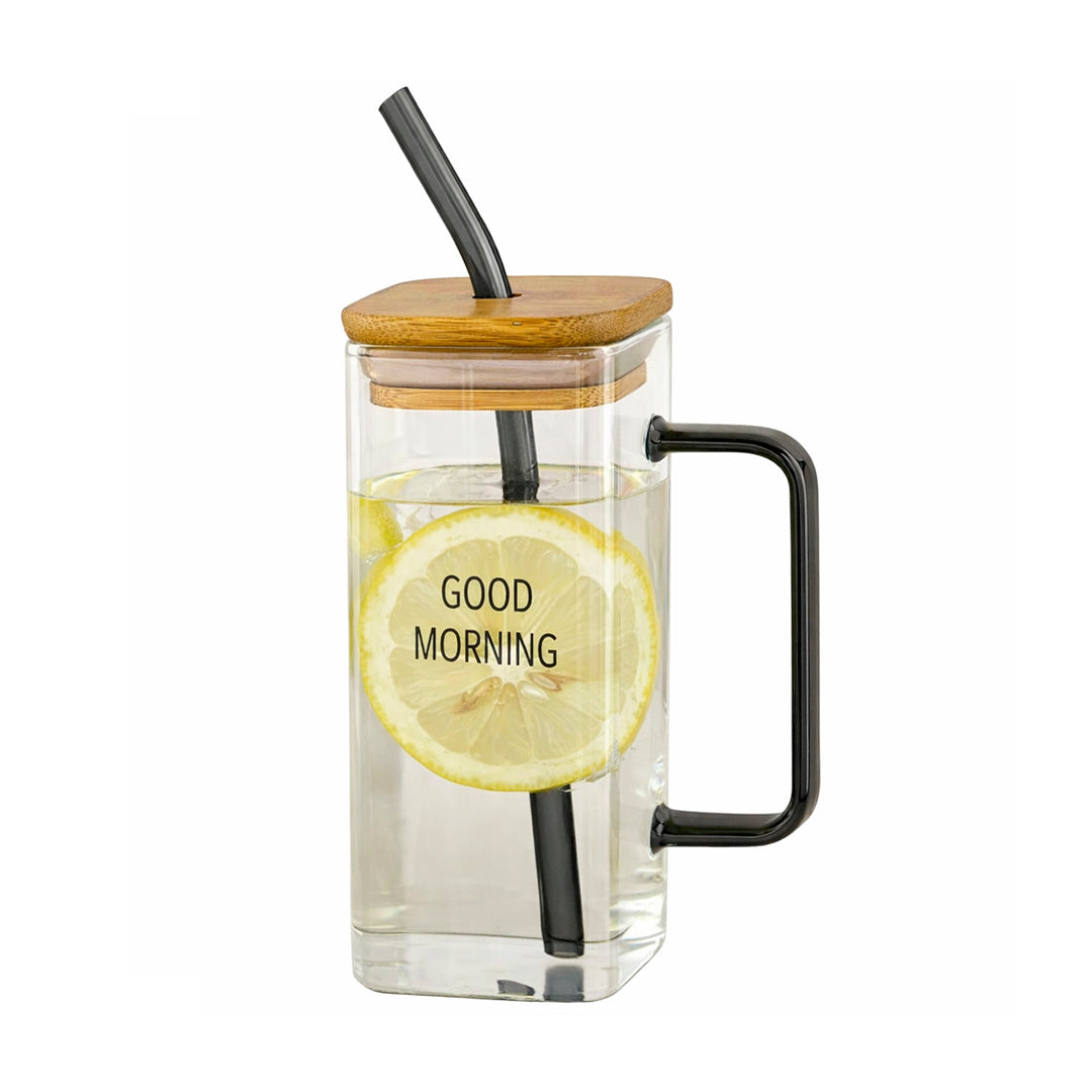 Taza de vidrio con tapa de Bambú y Sorbete