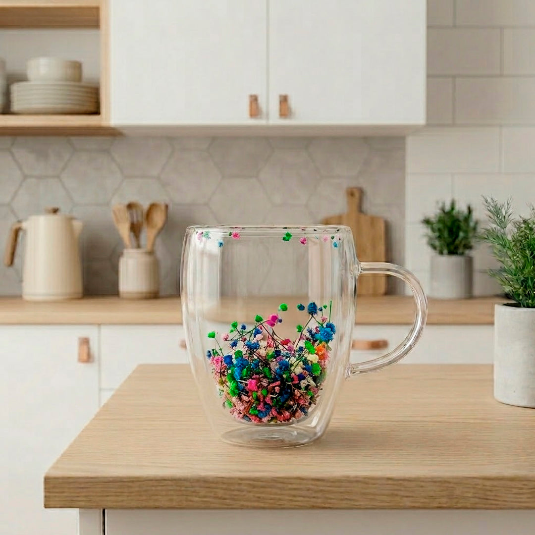 Taza de Vidrio Doble Pared con Flores