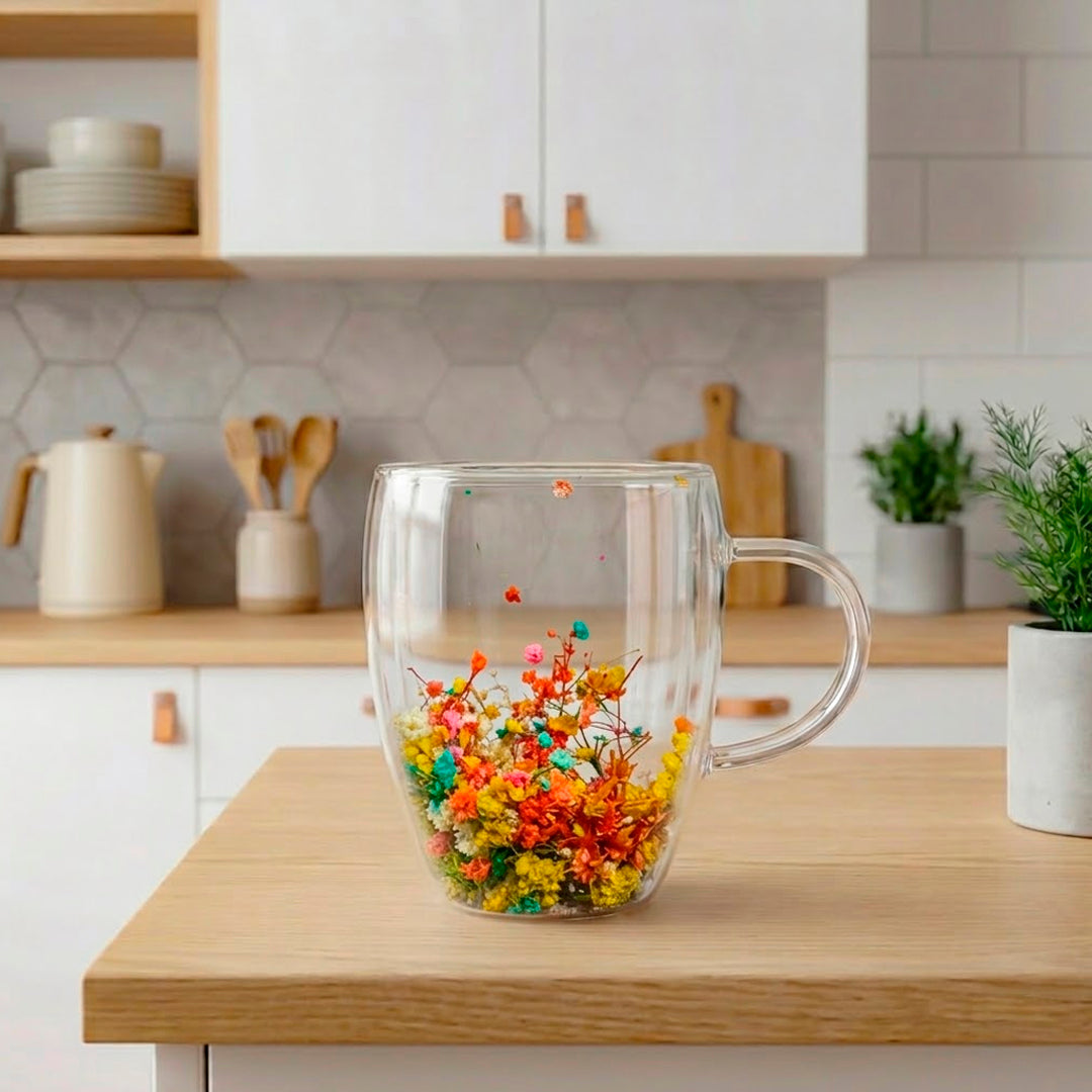 Taza de Vidrio Doble Pared con Flores